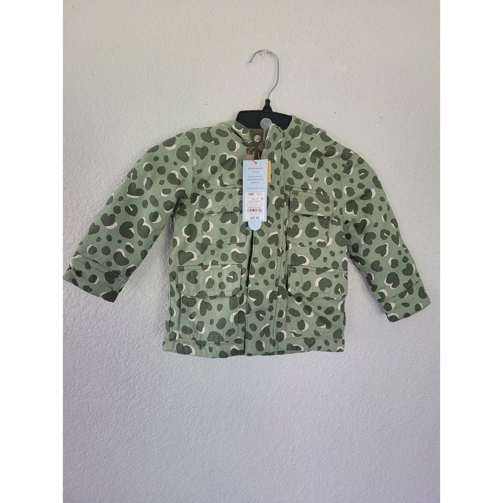 Cat & Jack Baby Girl 12M Olive Green Leopard Heart Print Hooded Jacket #R‎